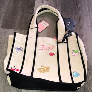 Juicy Couture Have A Juicy Day Tote Natural Liquorice Embroidered Accents NWT
